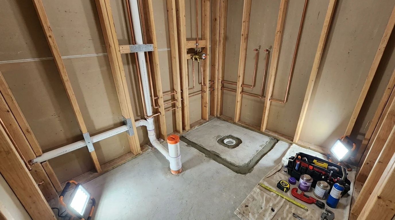 Bathroom rough-in plumbing during remodel by Johns Plumbing LLC in Spring City