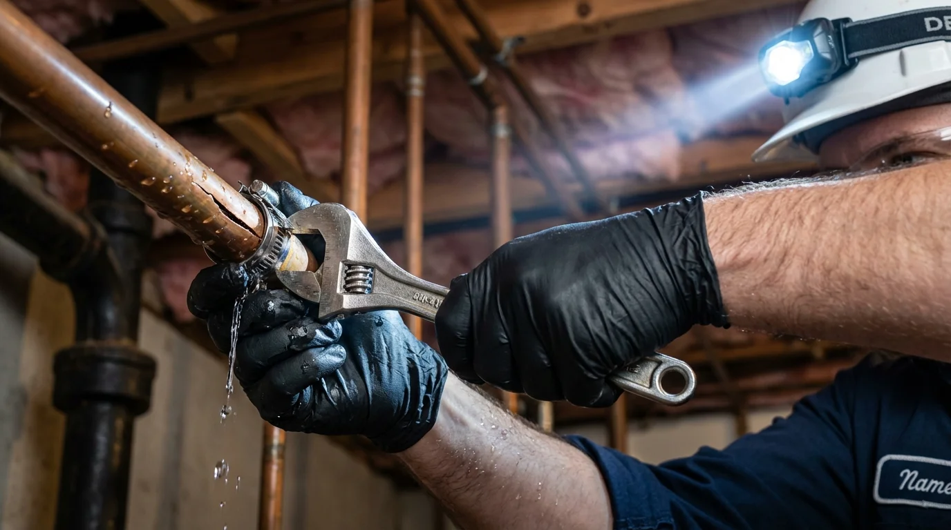 Emergency pipe clamp repair being performed by a Johns Plumbing LLC plumber in Spring City