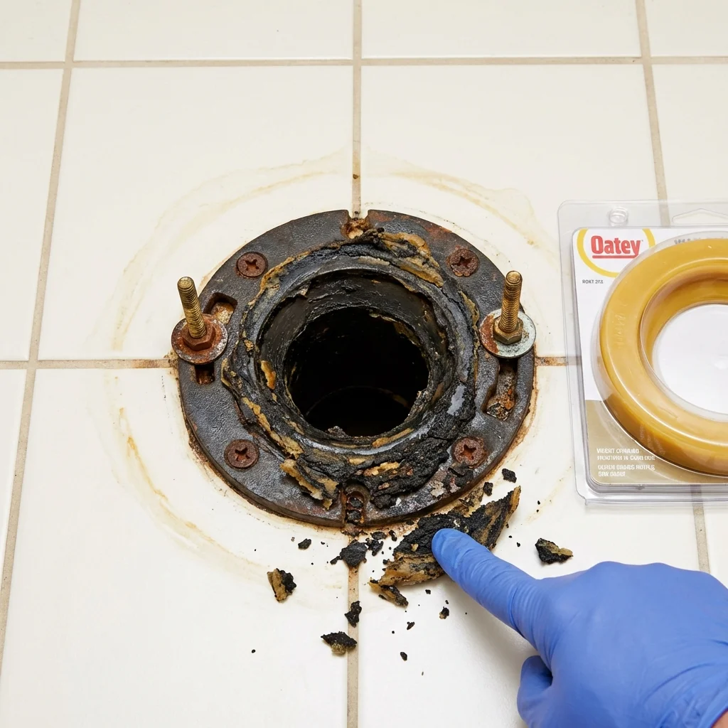 Failed wax ring showing water seepage at the base of a toilet in a Spring City, PA home
